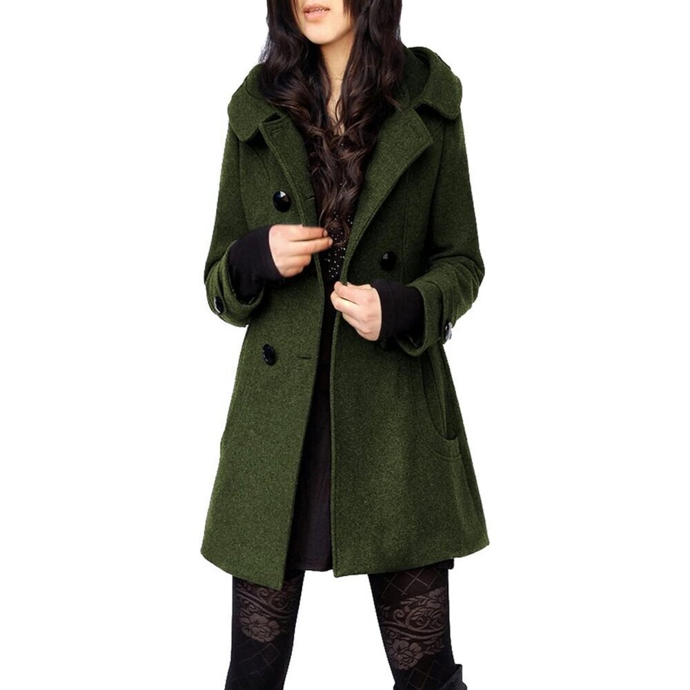 Women's Army Green Winter Warm Double Breasted Wool Trench Coat Jacket With Hood
